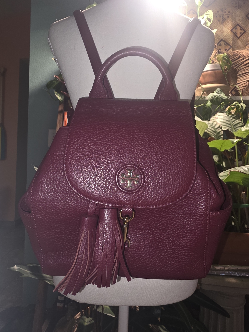 Tory Burch Wine Pebbled Leather Backpack with Tassel